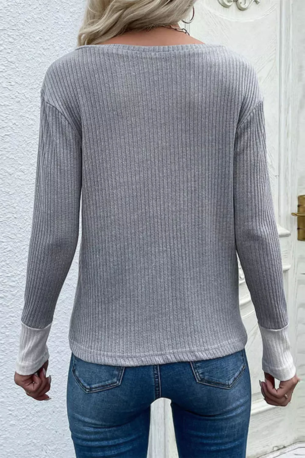 Color Block V-Neck Ribbed Top with Pocket - ClassiQ