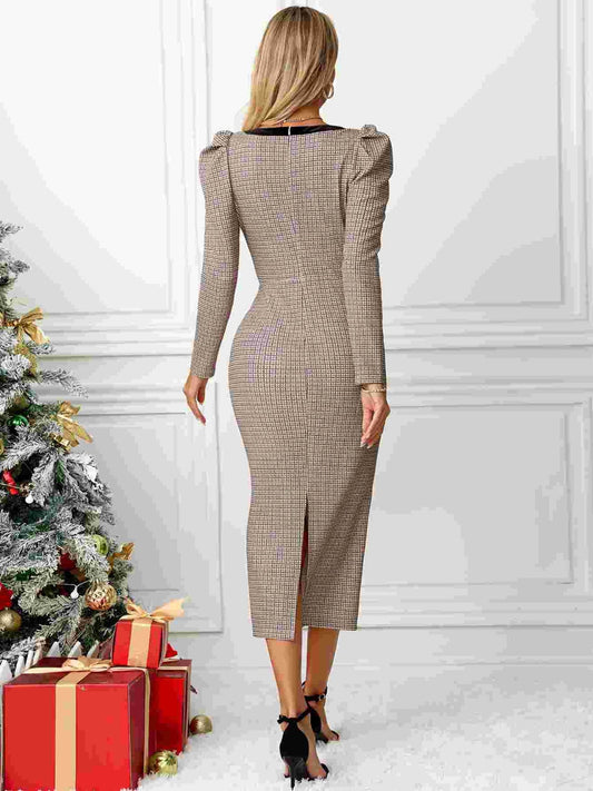 Bow Plaid Square Neck Puff Sleeve Dress - Classique Collection