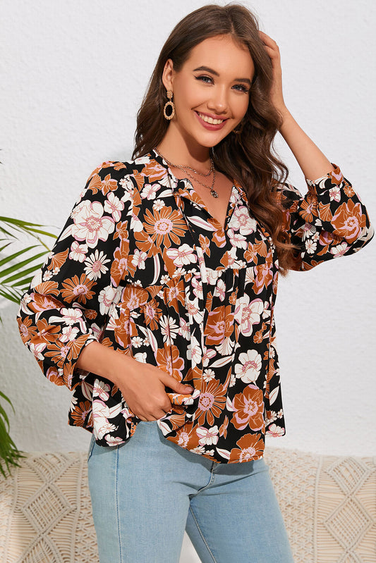 Floral Tie Neck Babydoll Blouse - Classique Collection
