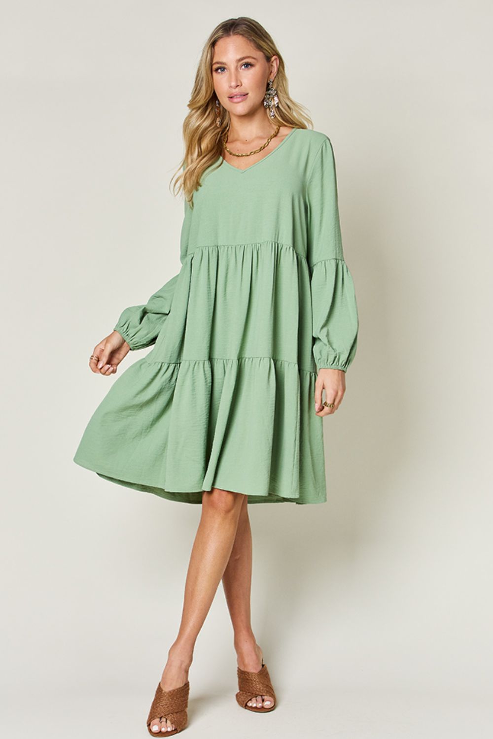 Double Take Full Size V-Neck Balloon Sleeve Tiered Dress with Pockets - Classique Collection