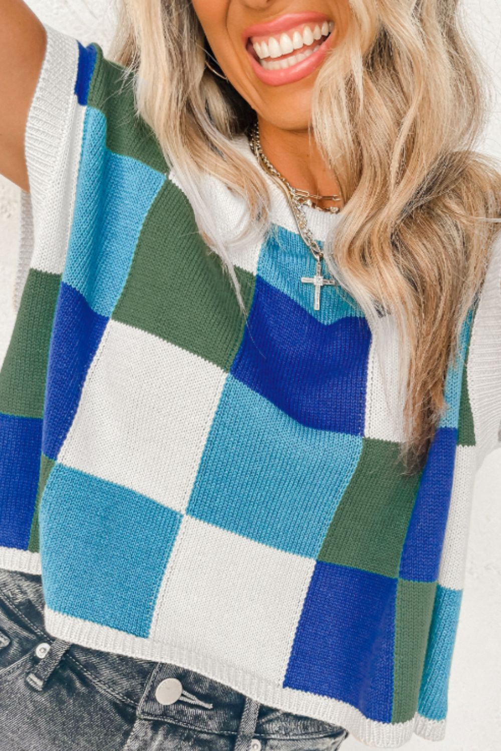 Contrast Plaid Round Neck Cap Sleeve Sweater - ClassiQ