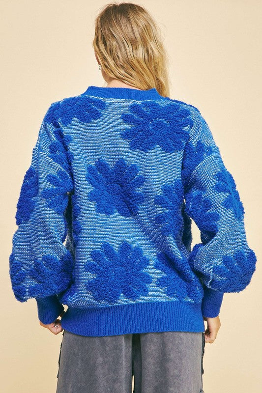 Davi & Dani Flower Texture Round Neck Dropped Shoulder Sweater - Classique Collection