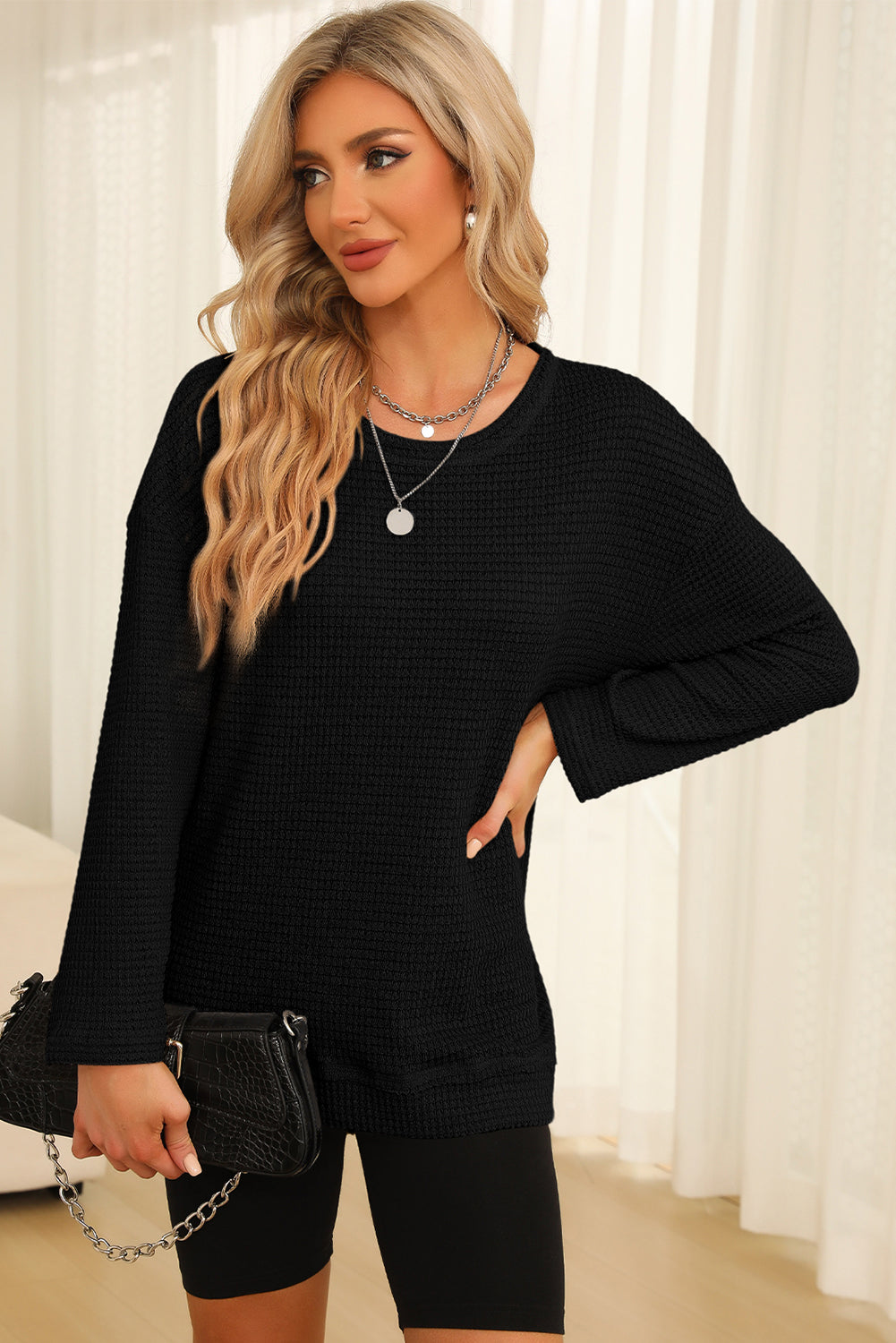 Waffle-Knit Round Neck Long Sleeve Sweatshirt - Classique Collection