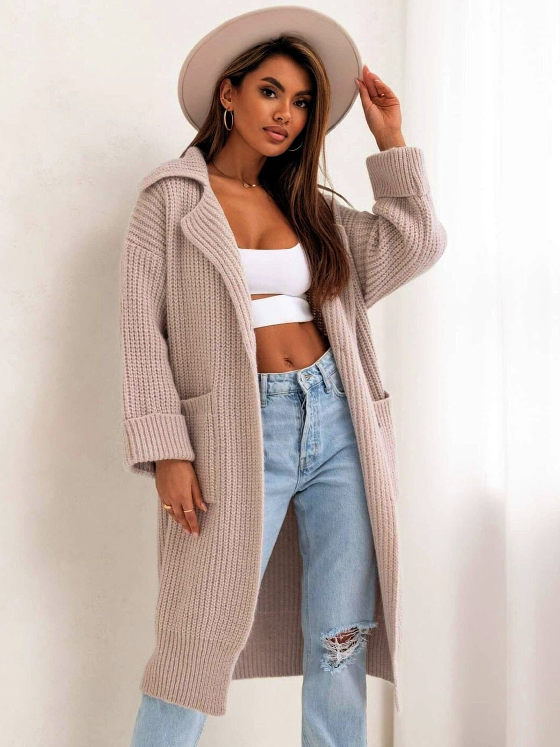 Pocketed Collared Neck Dropped Shoulder Cardigan - ClassiQ