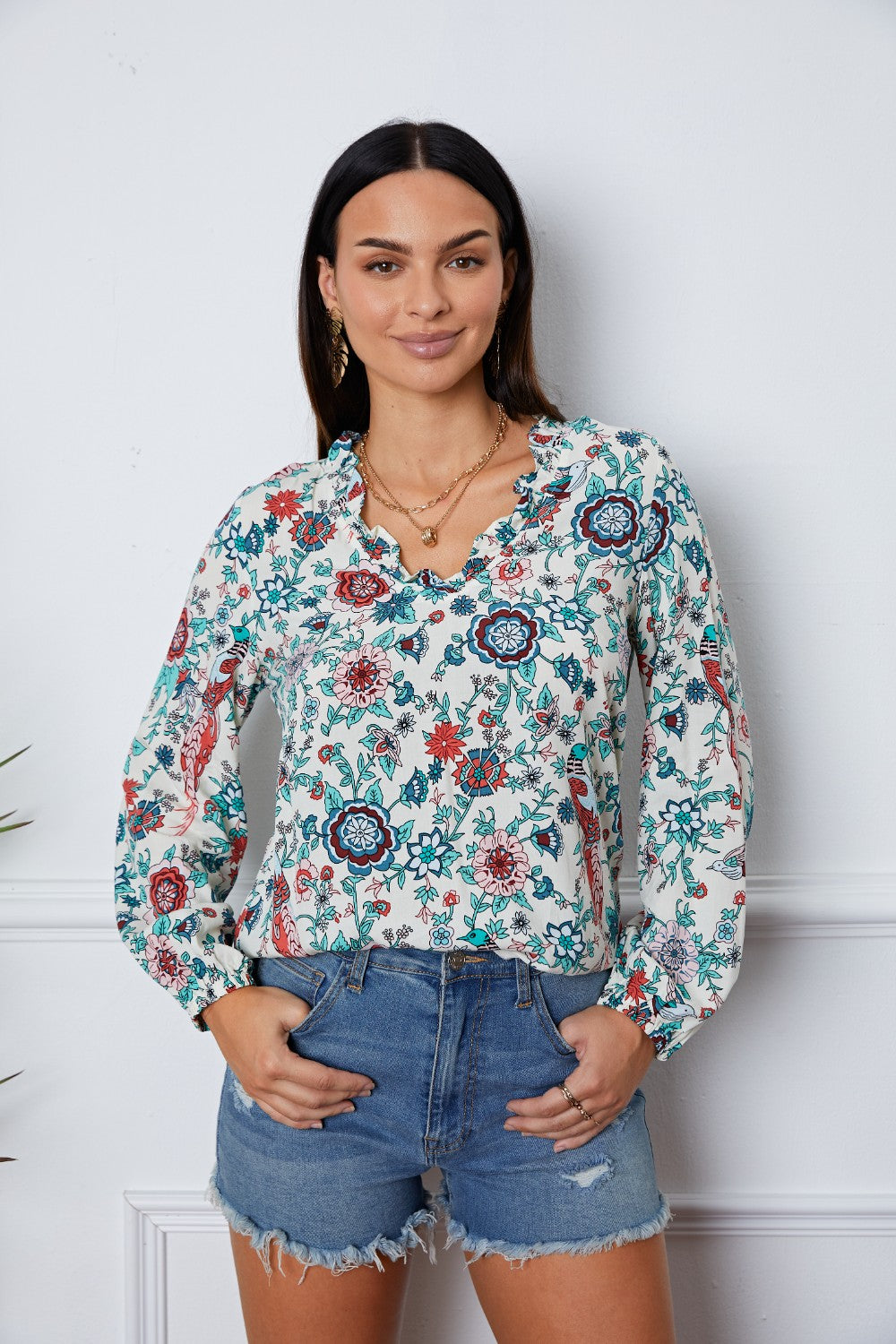 Floral Notched Long Sleeve Blouse - Classique Collection