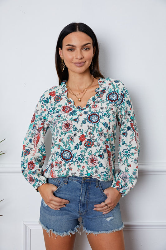 Floral Notched Long Sleeve Blouse - Classique Collection