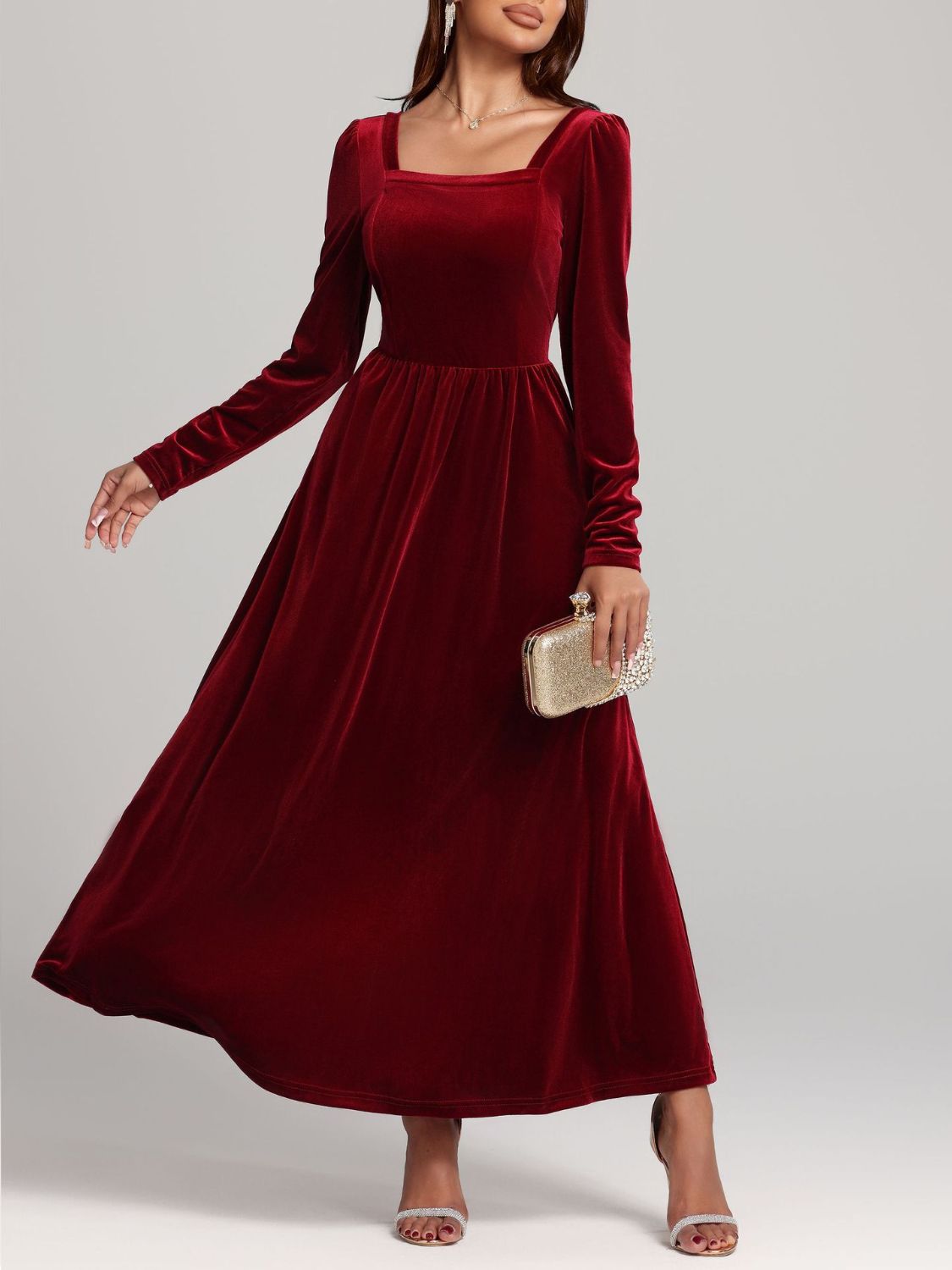 Velvet Square Neck Long Sleeve Dress - Classique Collection