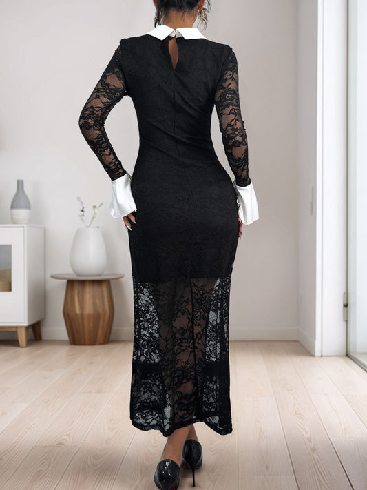Perfee Lace Contrast Collared Neck Long Sleeve Midi Dress - Classique Collection
