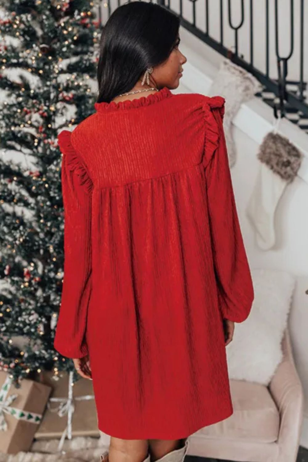Frill Notched Long Sleeve Dress - Classique Collection