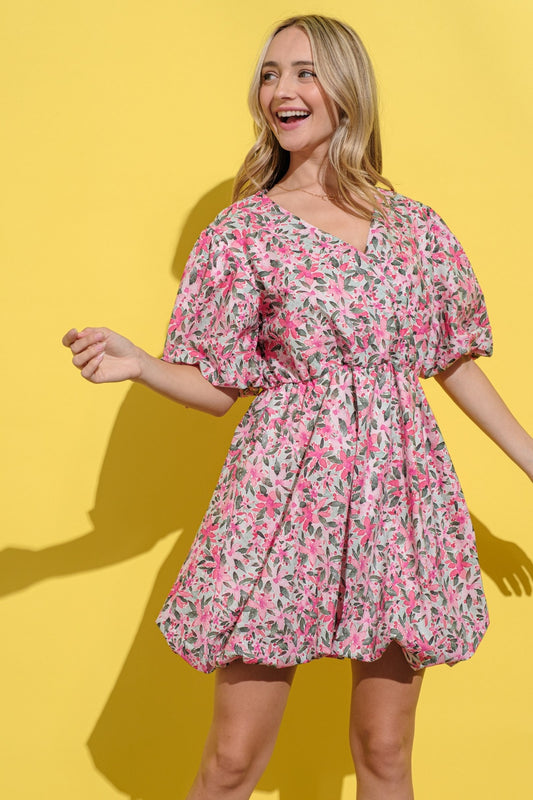 And The Why Full Size Floral Surplice Puff Sleeve Dress - Classique Collection