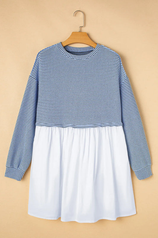 Striped Round Neck Long Sleeve Mini Dress - Classique Collection