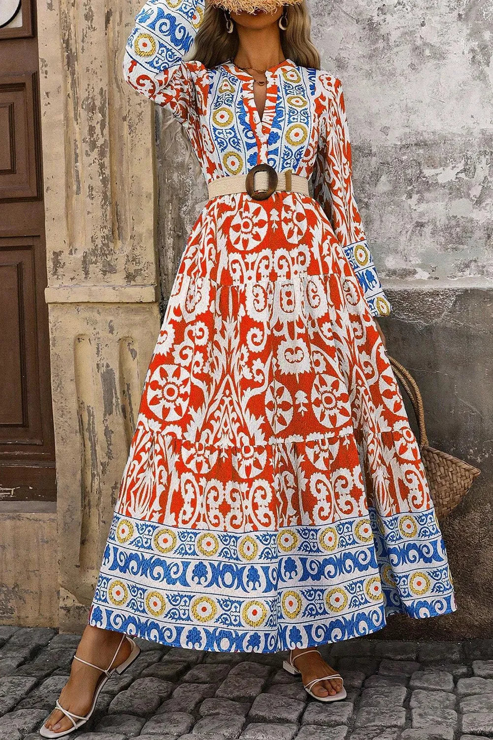 Printed Notched Long Sleeve Maxi Dress - Classique Collection