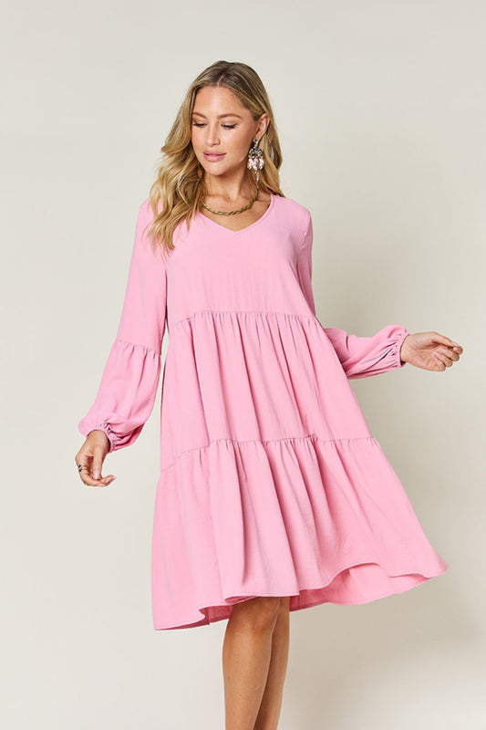 Double Take Full Size V-Neck Balloon Sleeve Tiered Dress with Pockets - Classique Collection