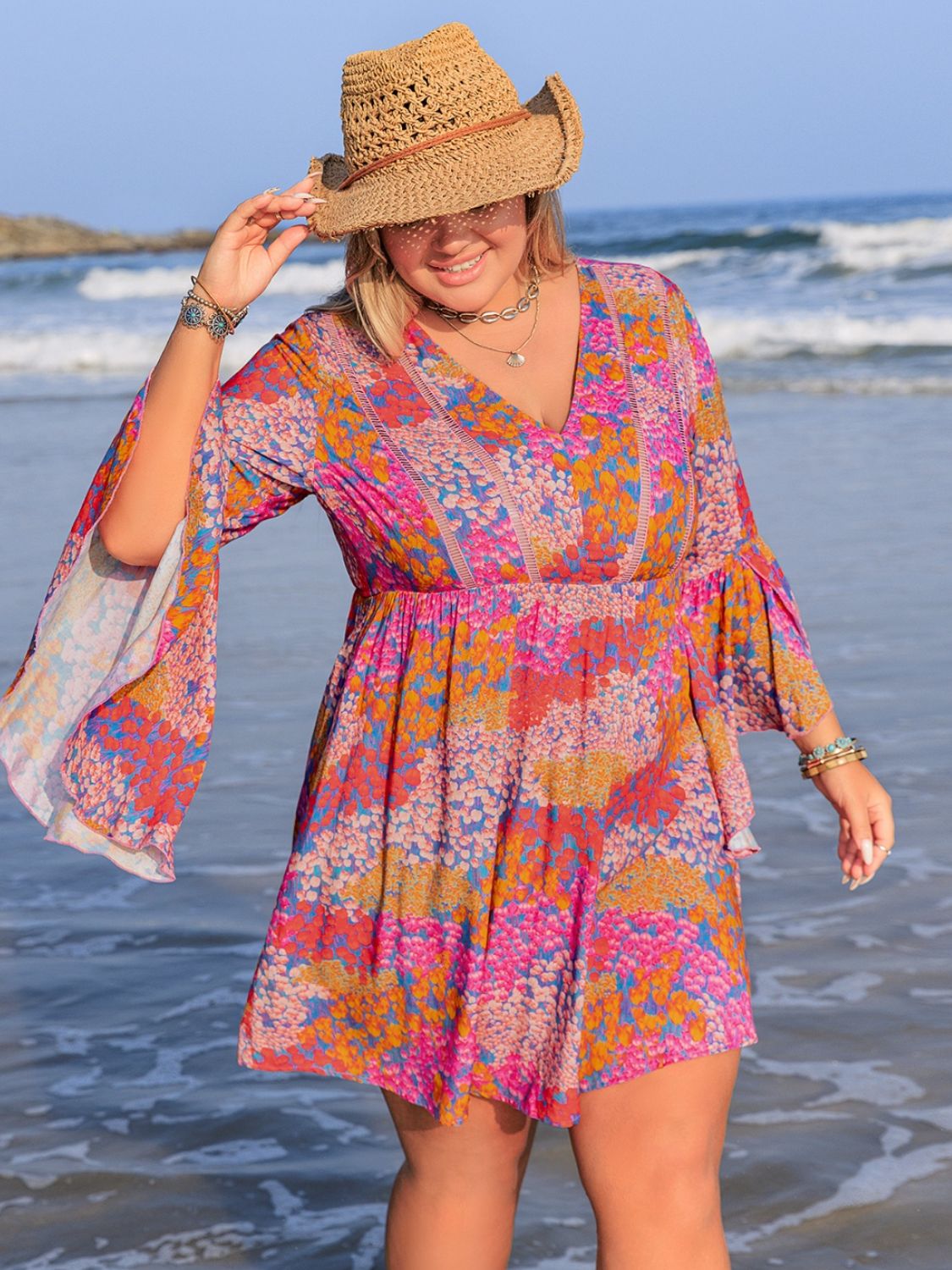Plus Size Ruched Printed Long Sleeve Dress - Classique Collection