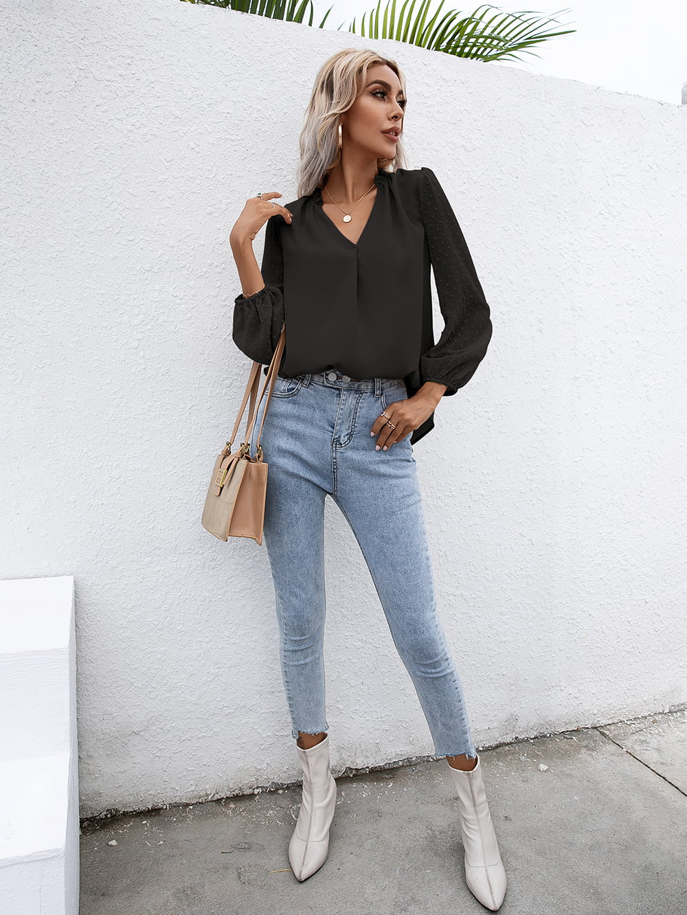 Ivy Lane Swiss Dot Frill Trim Puff Sleeve Blouse - Classique Collection