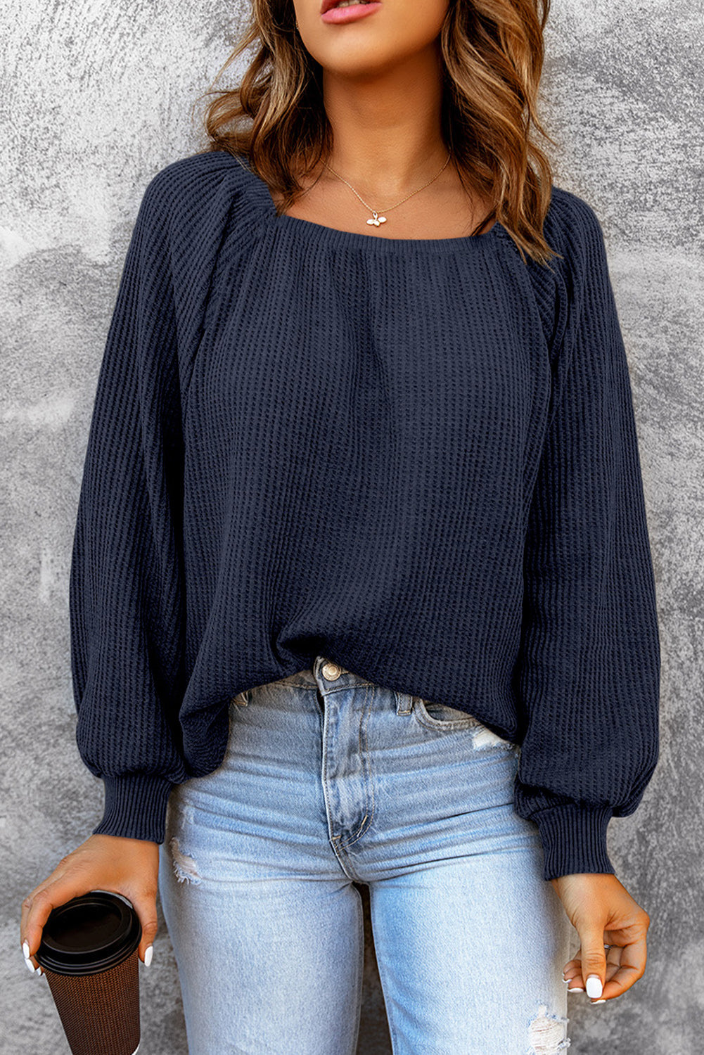 Square Neck Waffle-Knit Top - Classique Collection
