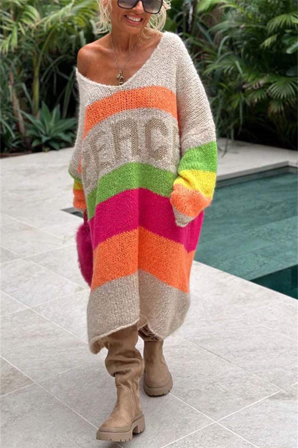 Color Block V-Neck Long Sleeve Sweater Dress - Classique Collection