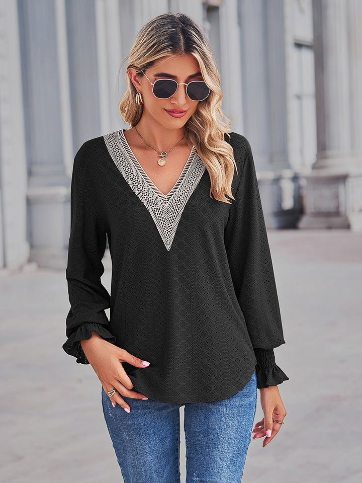 V-Neck Eyelet Flounce Sleeve Blouse - Classique Collection