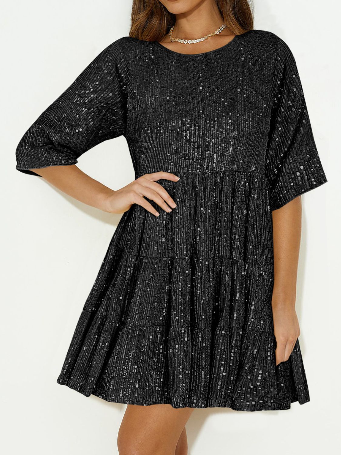 Sequin Round Neck Half Sleeve Mini Dress - Classique Collection