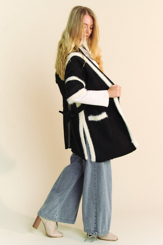 Davi & Dani Fuzzy Trim Open Front Loose Fit Cardigan - Classique Collection