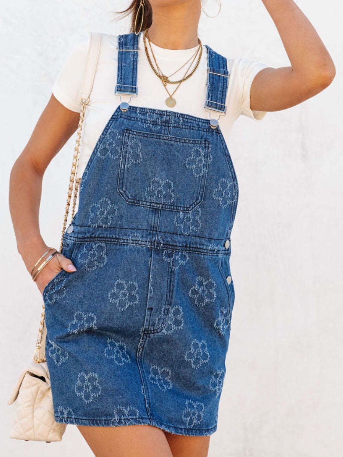 Flower Wide Strap Denim Overall Dress with Pockets - Classique Collection
