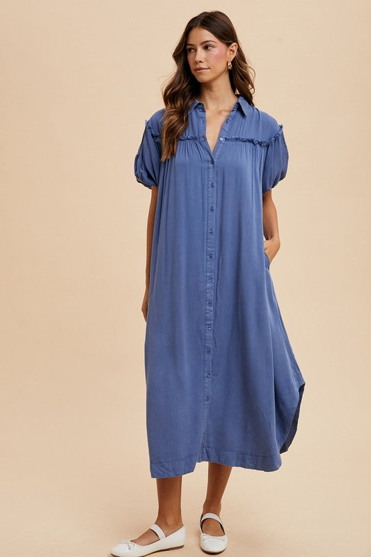 Annie Wear Mineral Washed Button Down Puff Sleeve Shirt Dress - ClassiQ
