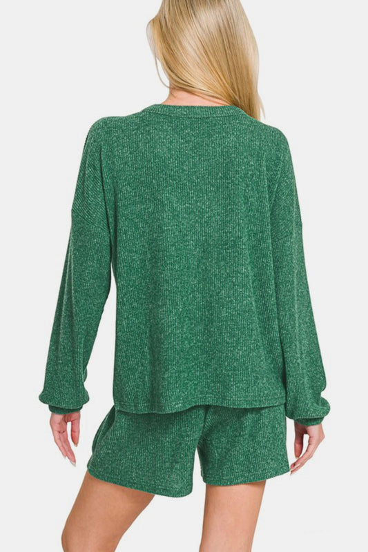 Zenana V-Neck Long Sleeve Ribbed Top and Shorts Set - ClassiQ