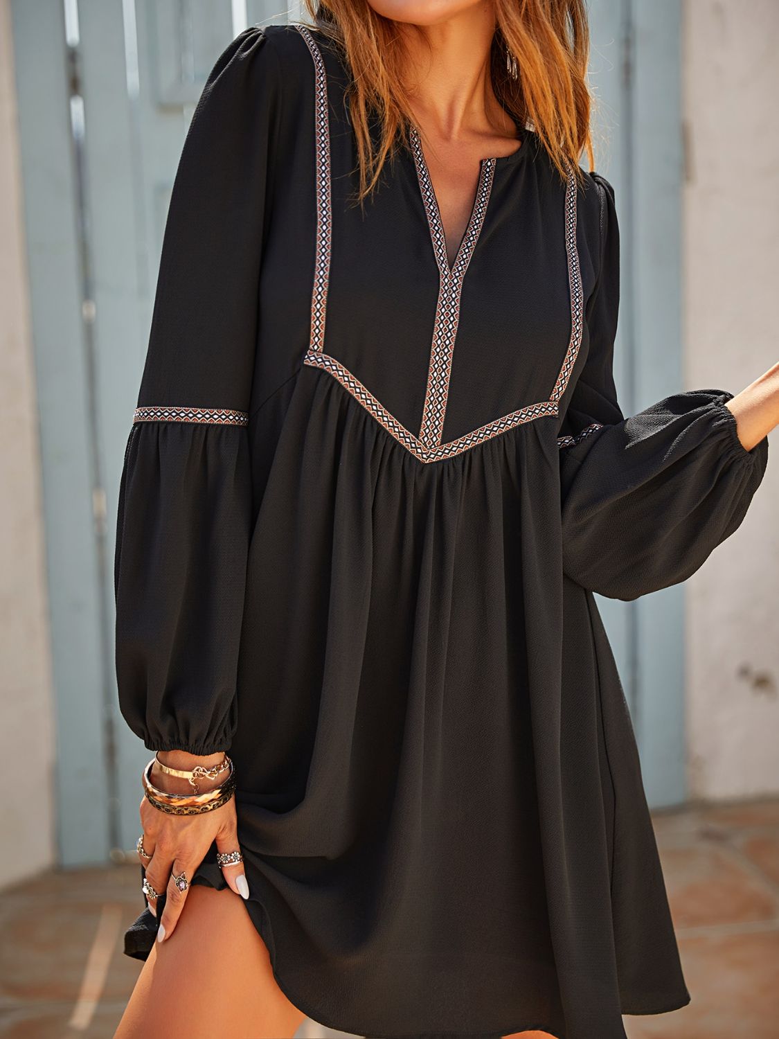 Ruched Notched Long Sleeve Mini Dress - Classique Collection
