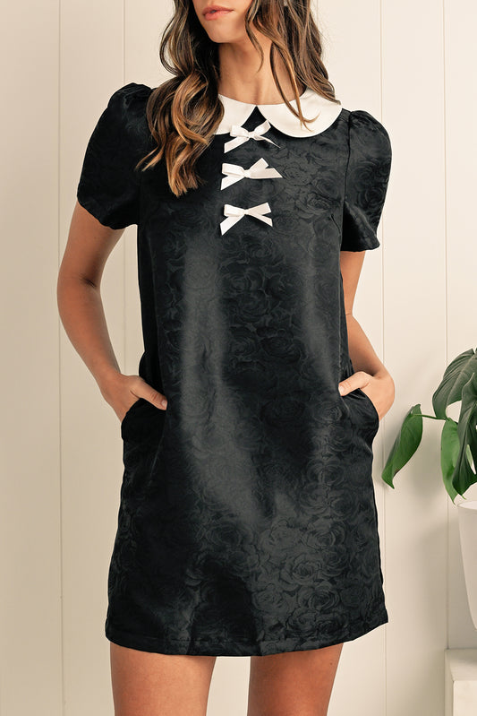 Black Elegant Floral Bow Detail Puff Sleeve Mini Dress - ClassiQ