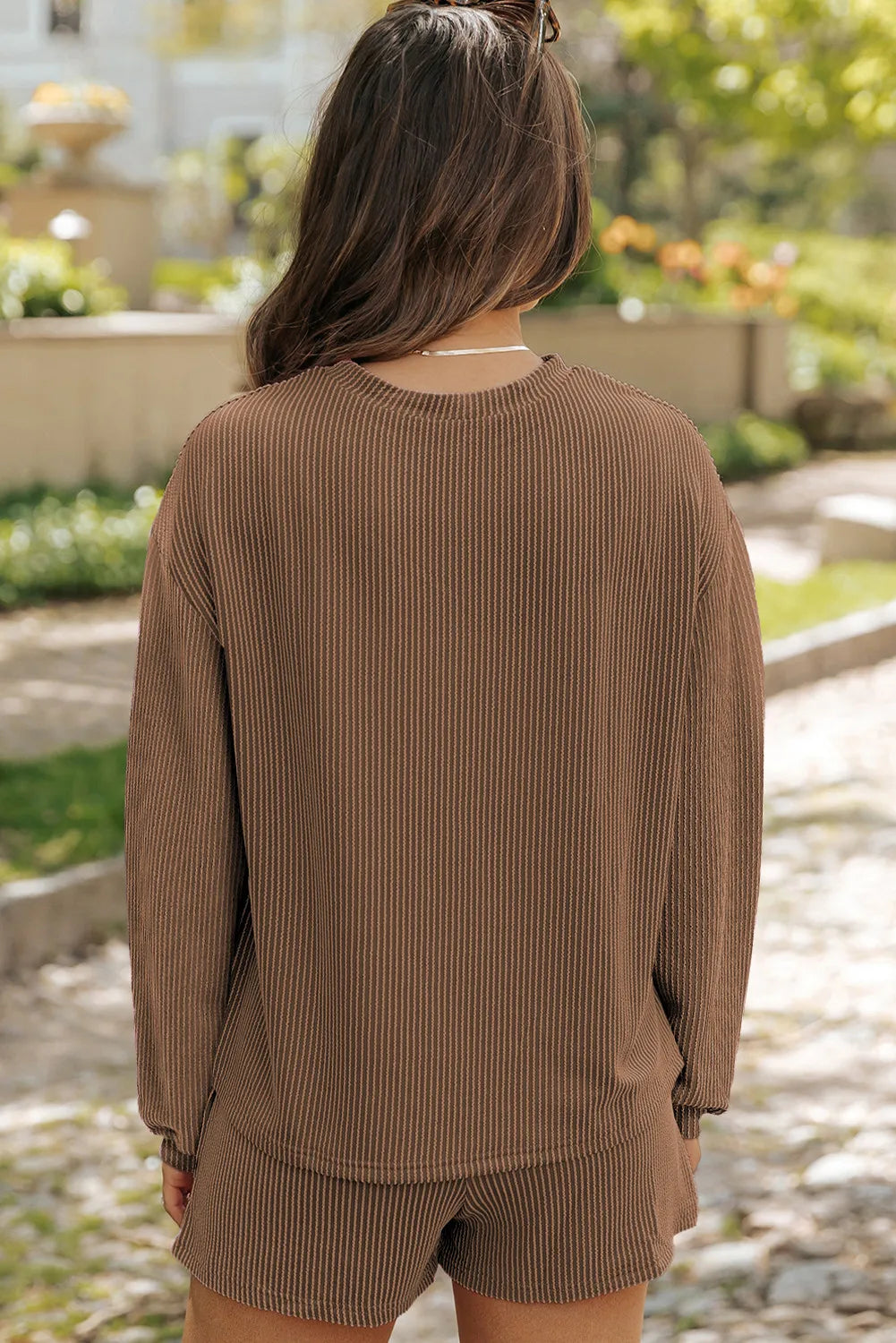 Round Neck Long Sleeve Top and Shorts Set - ClassiQ