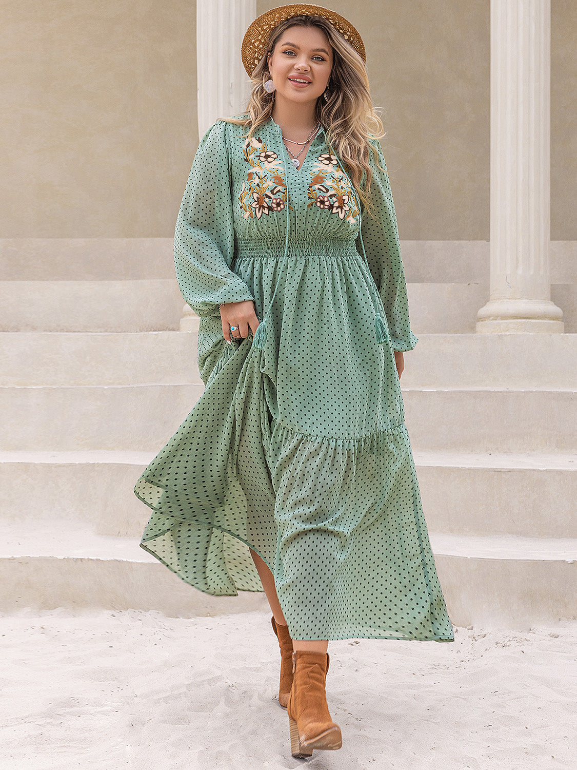 Plus Size Tassel Printed Tie Neck Long Sleeve Midi Dress - Classique Collection