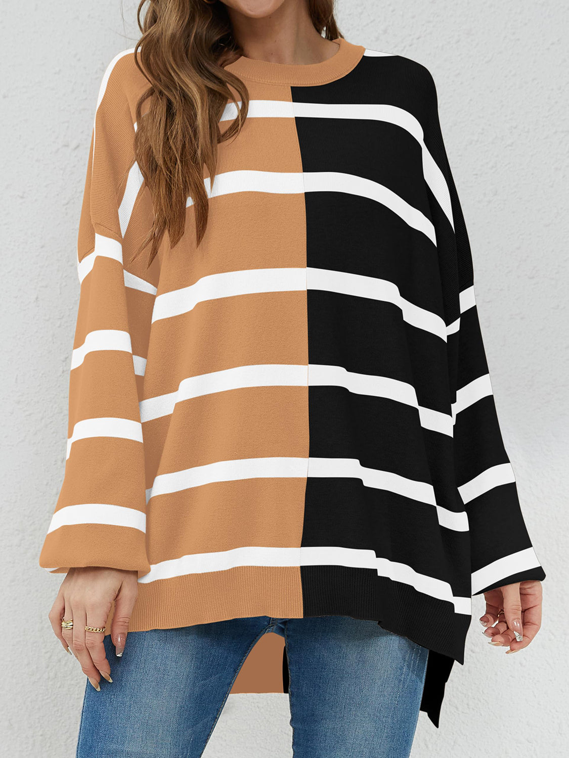 Striped Round Neck Long Sleeve Sweater - ClassiQ