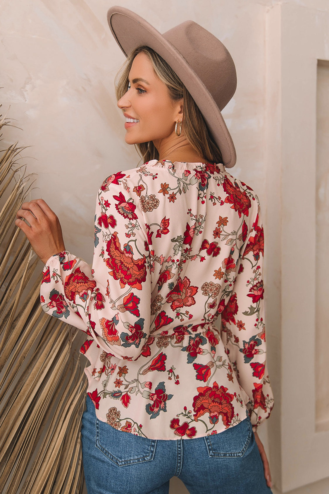 Floral V-Neck Drawstring Peplum Blouse - Classique Collection