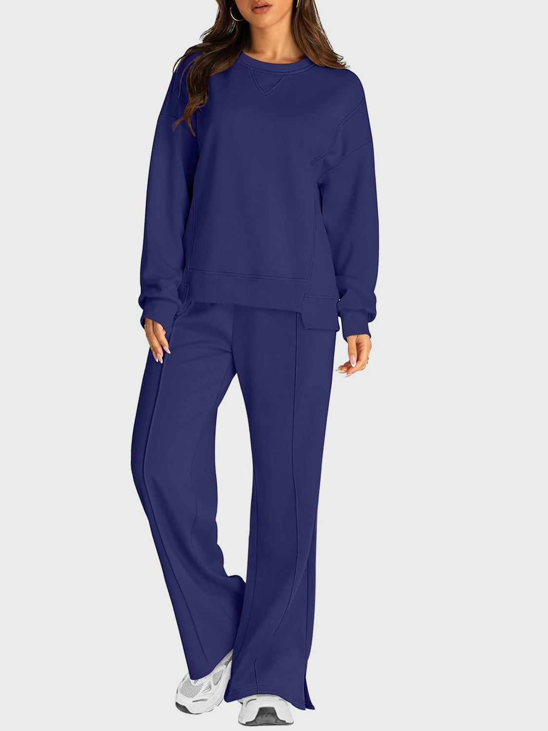 Round Neck Long Sleeve Top and Slit Pants Set - ClassiQ