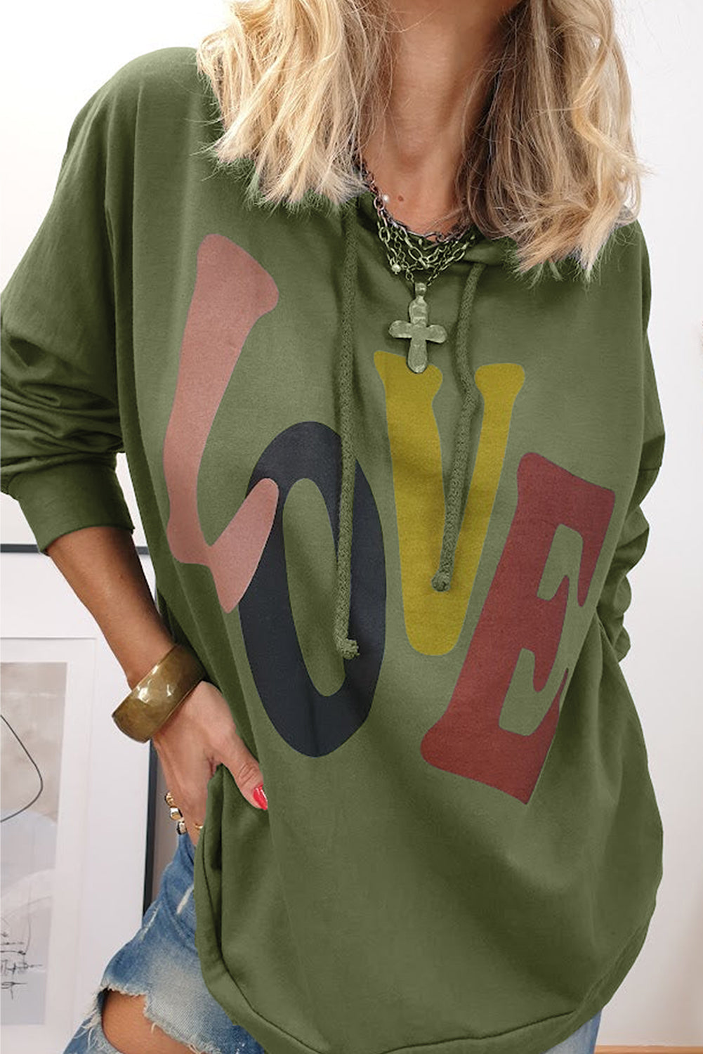 LOVE Drawstring Dropped Shoulder Hoodie - ClassiQ