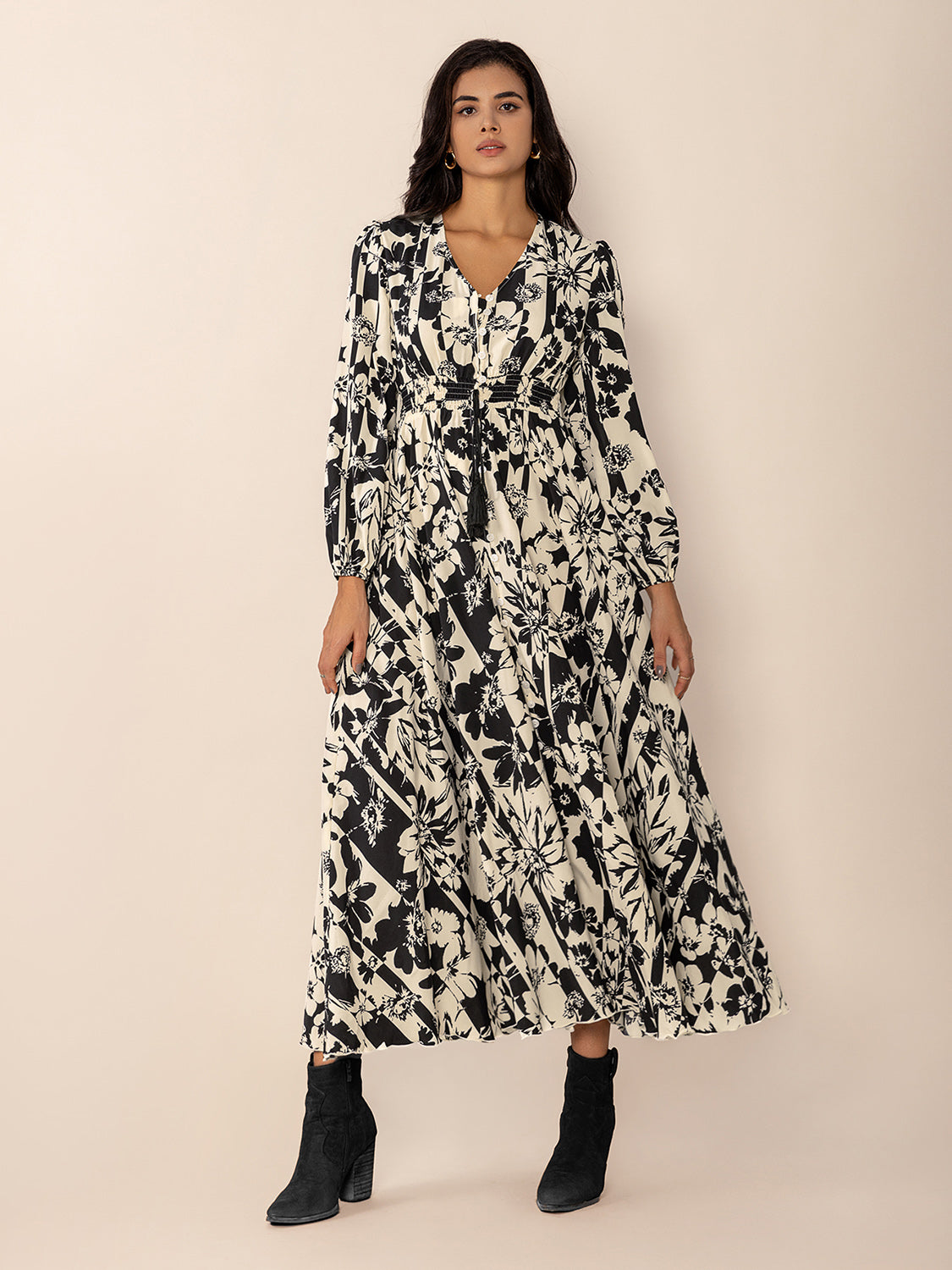 Tied Printed V-Neck Long Sleeve Midi Dress - Classique Collection