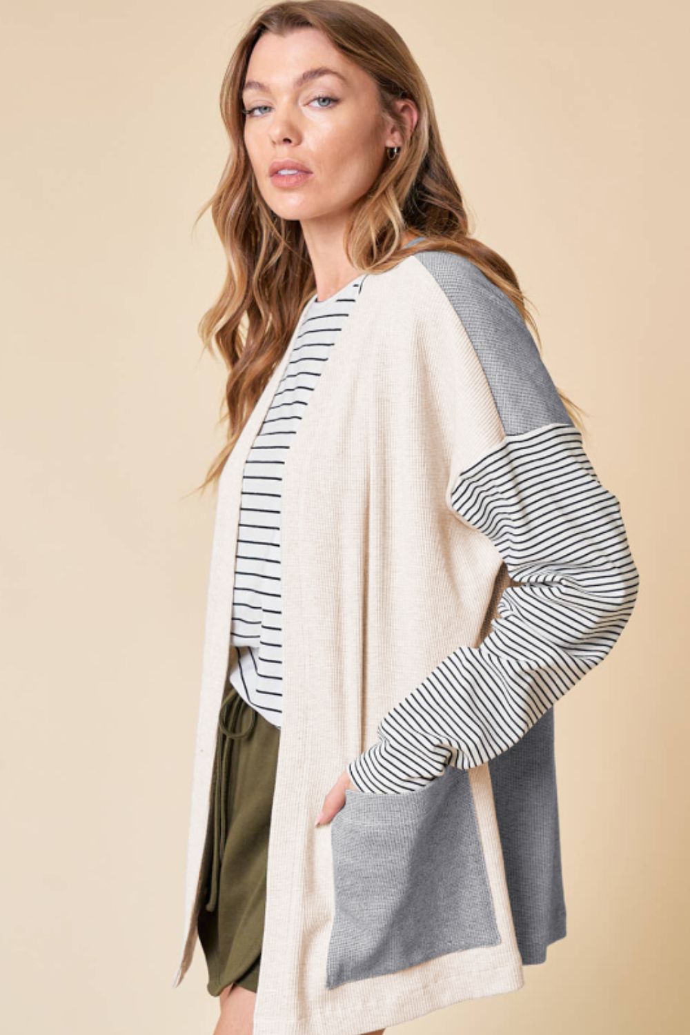 Open Front Long Sleeve Striped Cardigan with Pockets - Classique Collection