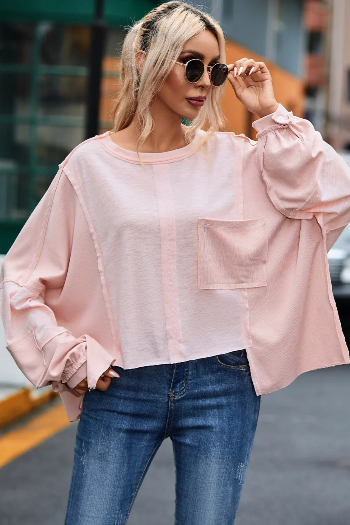 Exposed Seam Round Neck Top with Pocket - Classique Collection