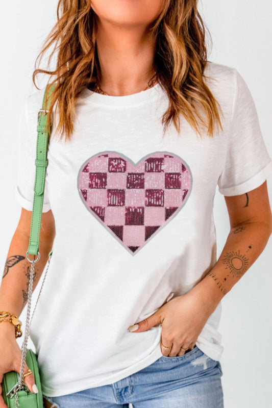Sequin Checkered Heart Round Neck Short Sleeve T-Shirt - Classique Collection