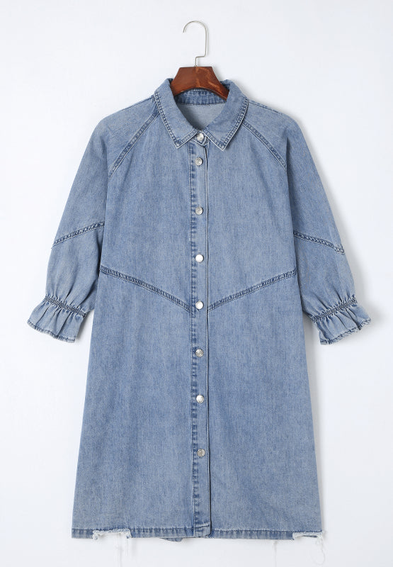Distressed Collared Neck Flounce Sleeve Denim Dress - Classique Collection