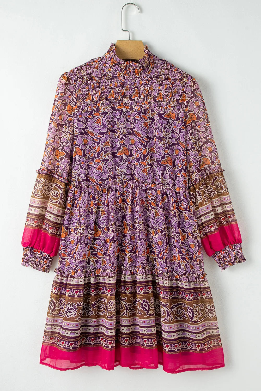 Smocked Floral Turtleneck Long Sleeve Dress - Classique Collection
