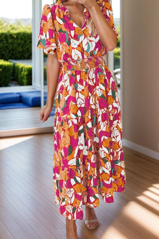 Frill Printed Notched Short Sleeve Midi Dress - Classique Collection
