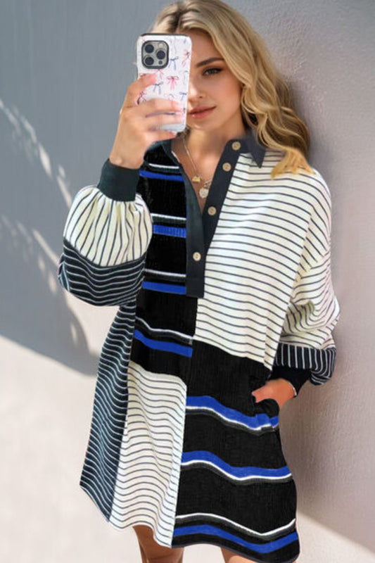 Oh Full Size Striped Half Button Long Sleeve Mini Dress - Classique Collection