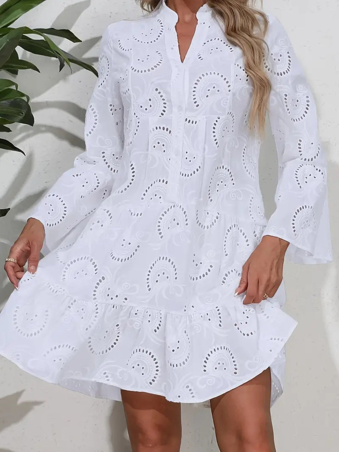Ruffle Hem Eyelet Notched Long Sleeve Dress - Classique Collection