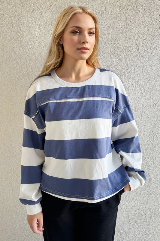 Oh Pima Cotton Wash Exposed Seam Contrast Striped Round Neck Long Sleeve T-Shirt - Classique Collection