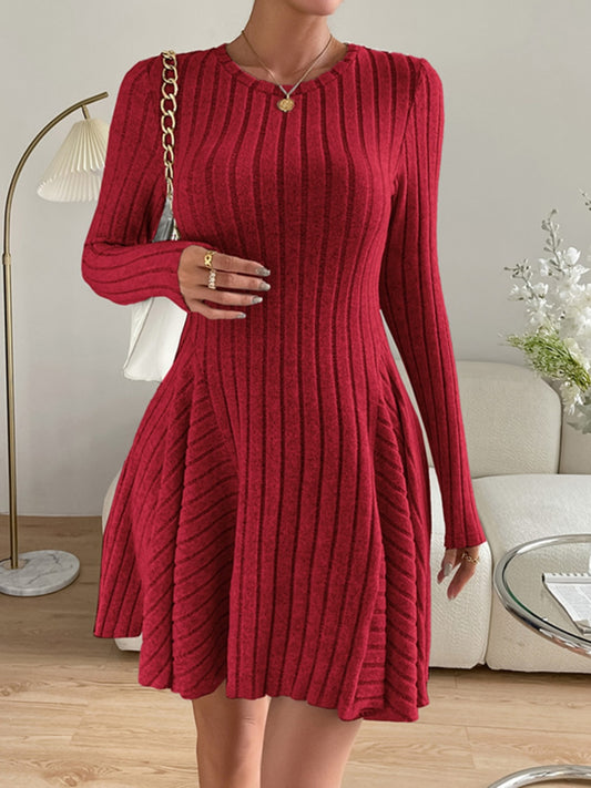 Ribbed Round Neck Long Sleeve Dress - Classique Collection