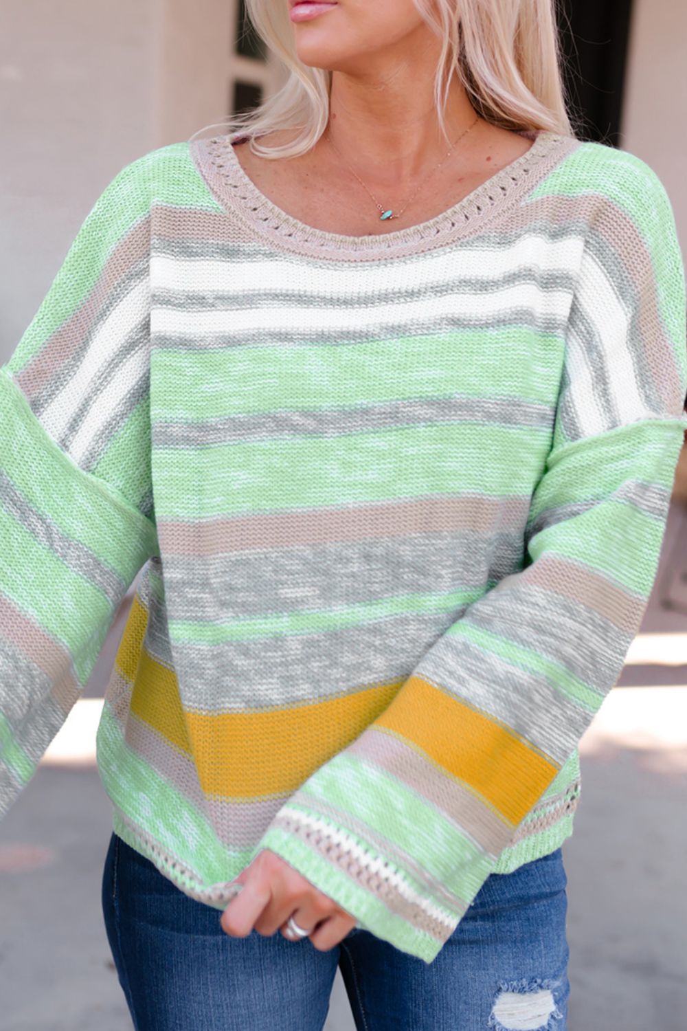 Contrast Striped Boat Neck Dropped Shoulder Sweater - ClassiQ