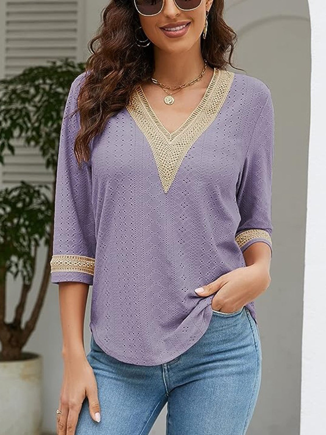 V-Neck Eyelet Blouse - Classique Collection