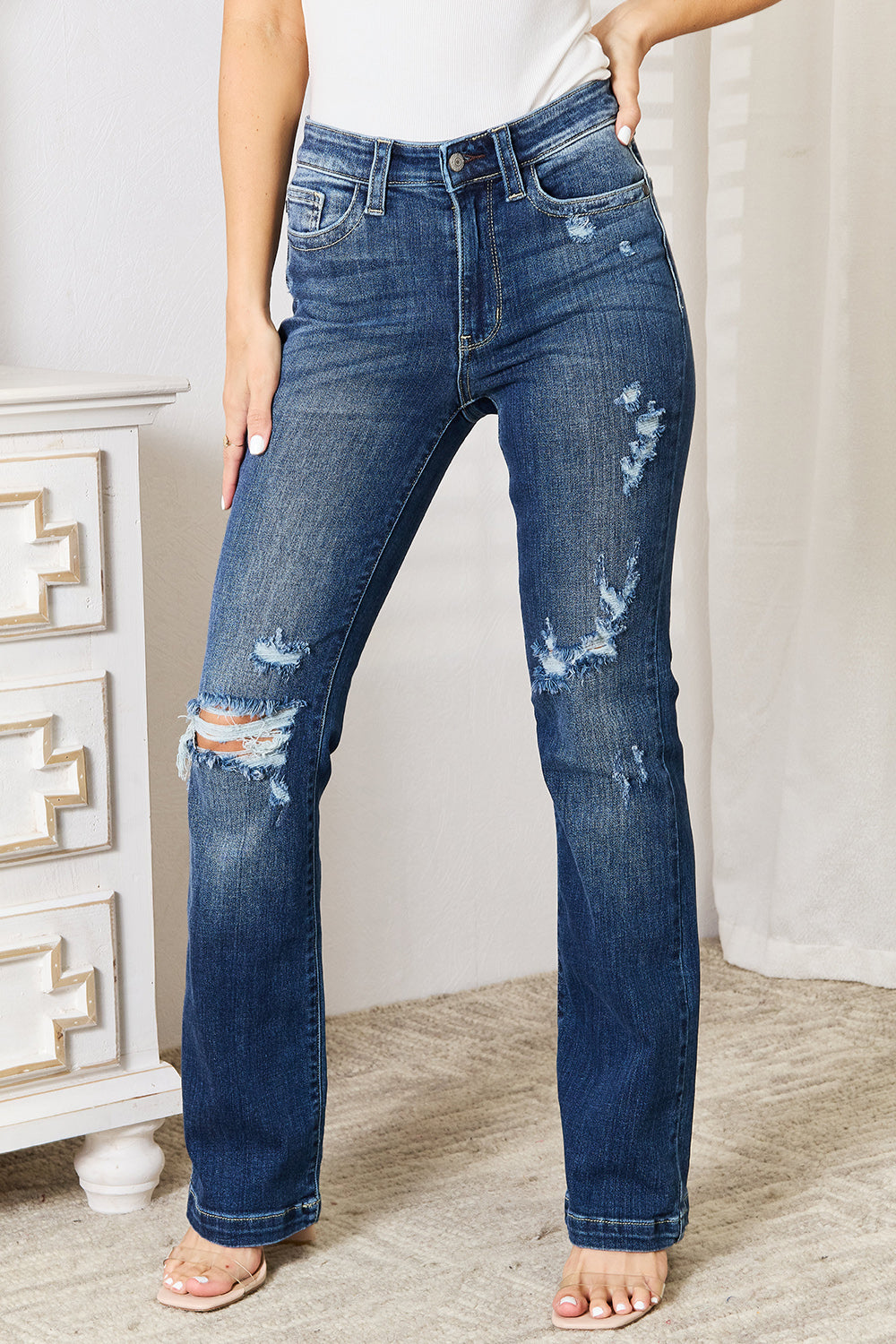 Judy Blue Full Size Mid Rise Hand Sand & Destroy Bootcut Jeans - Classique Collection