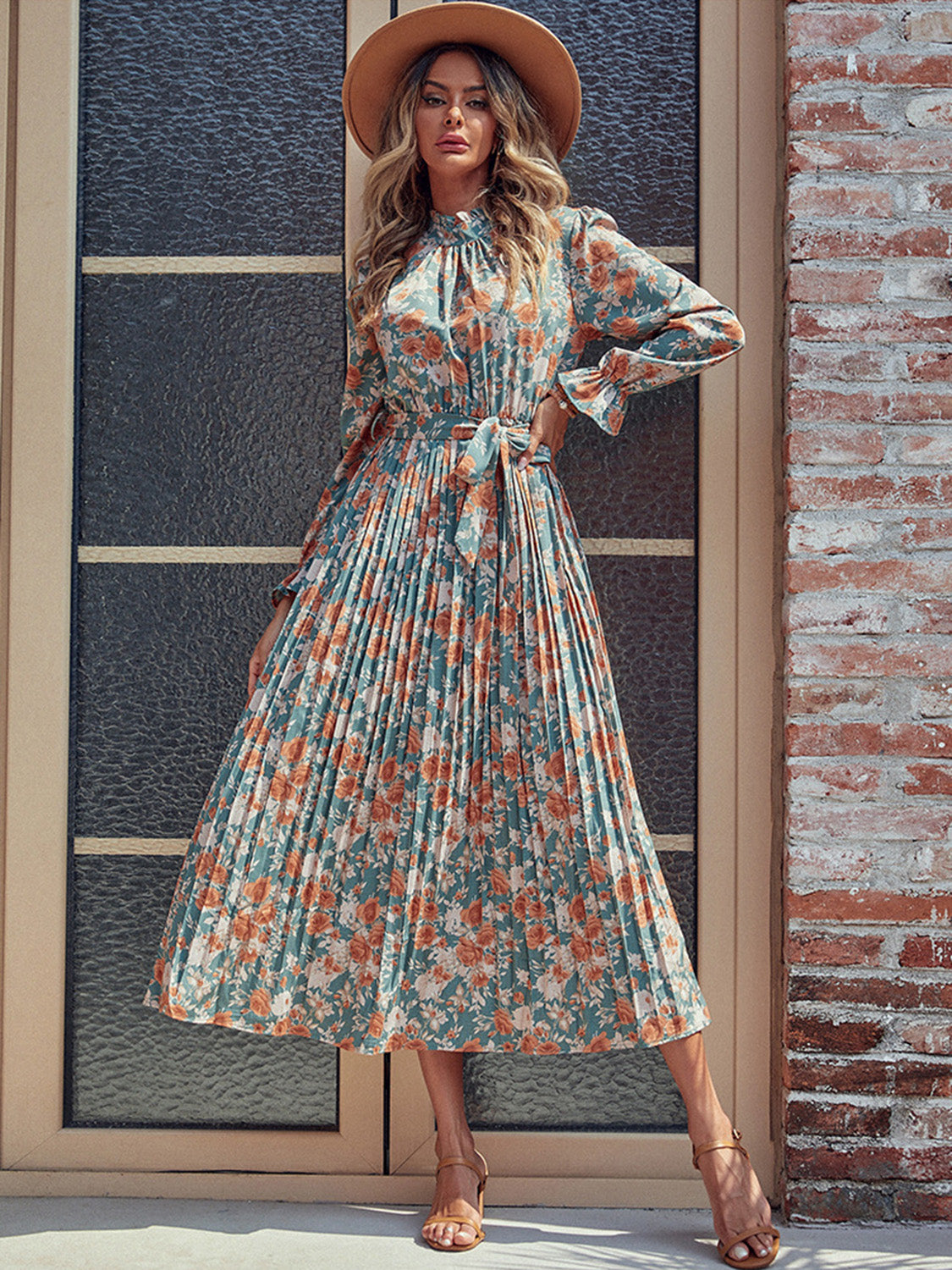 Perfee Tied Pleated Printed Mock Neck Long Sleeve Dress - Classique Collection